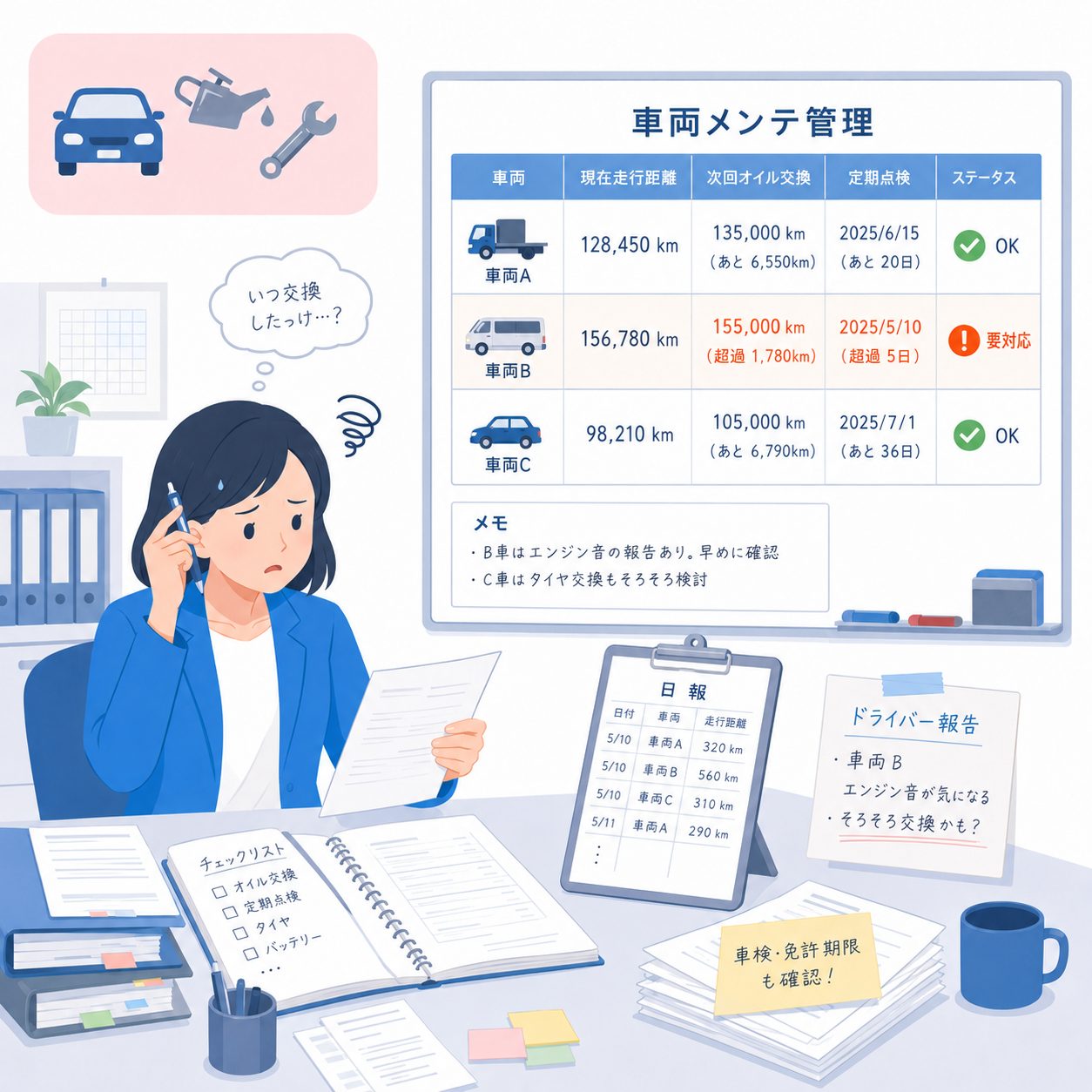 オイル交換と定期メンテを確認するイメージ