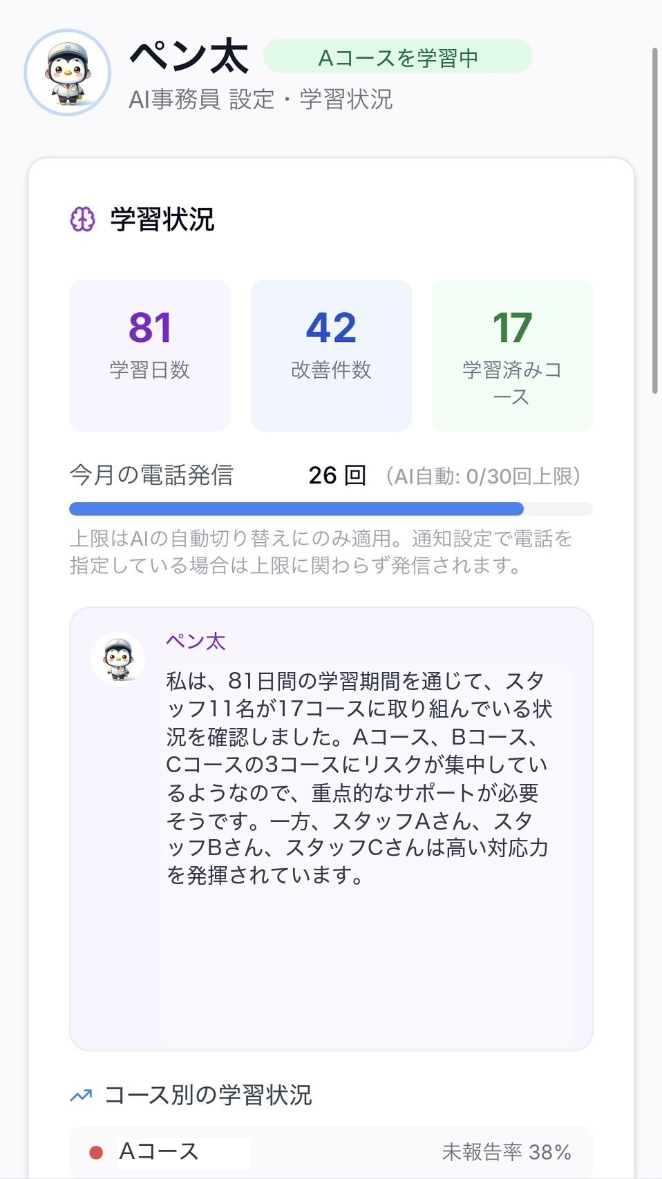 AI事務員の学習状況画面