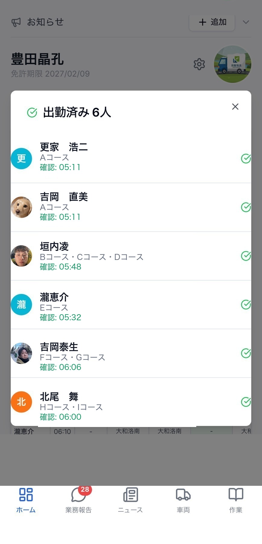 出勤済みスタッフ一覧画面