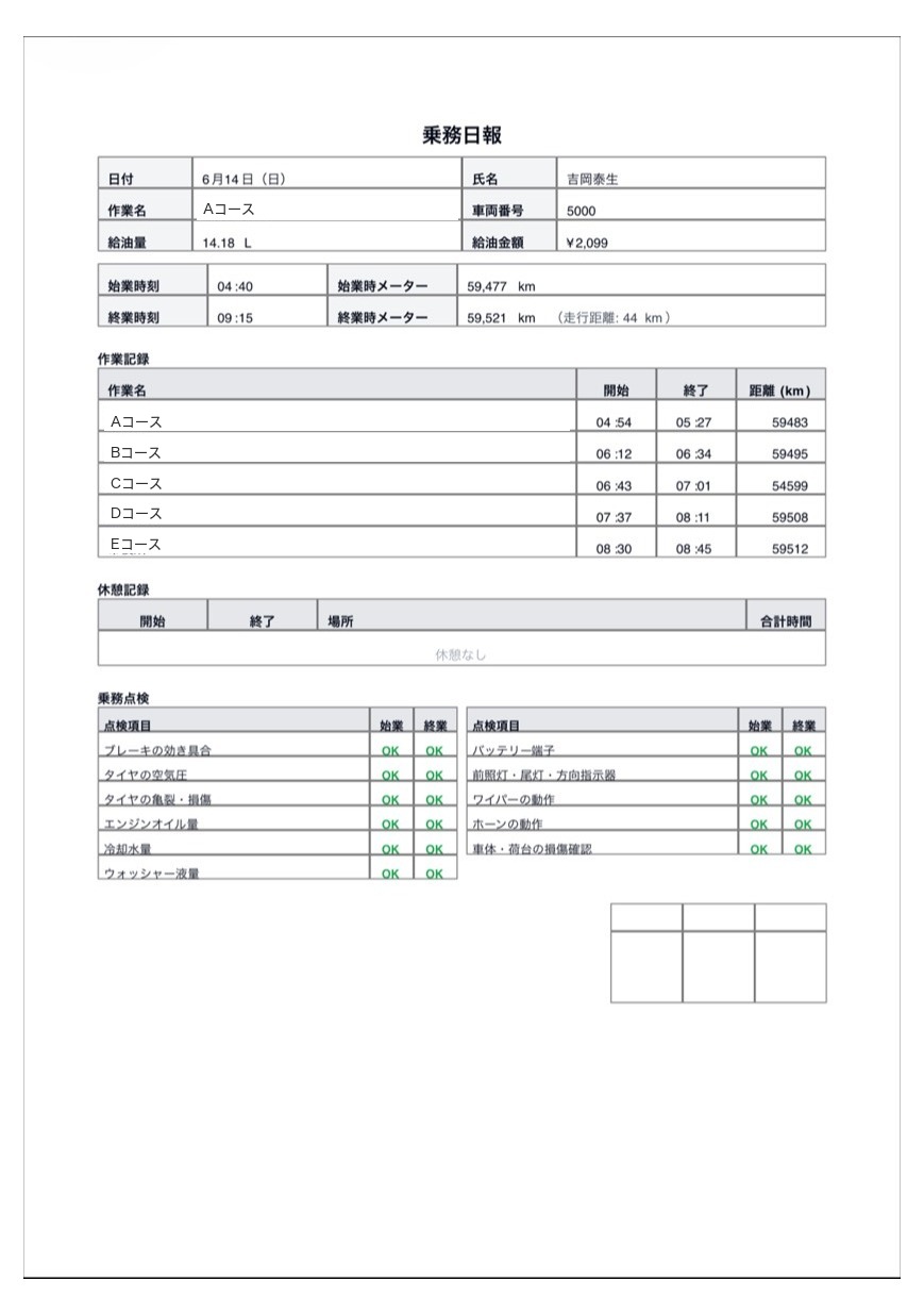 自動作成された乗務日報PDF